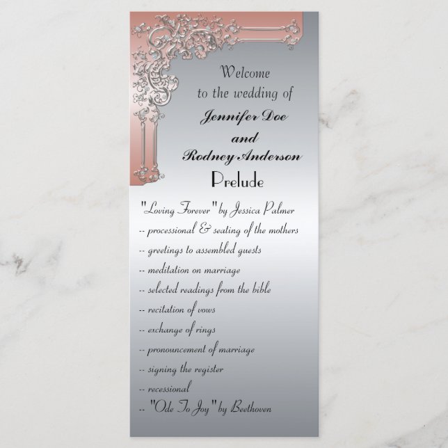 Carte rack Peach Pink and Silver Wedding Program (Devant)