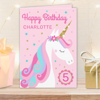 Carte Rainbow Unicorn âge personnalisé rose anniversaire