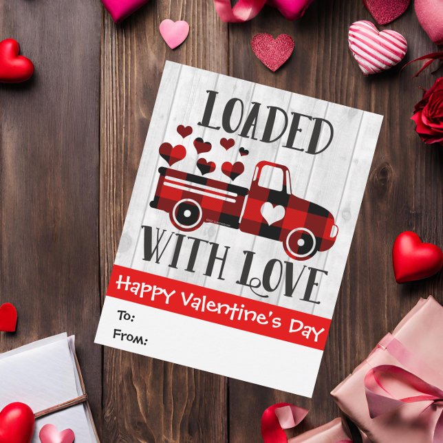 Carte Ramassage Camion Buffalo Plaid Coeur Saint-Valenti (loaded with love valentines day card)