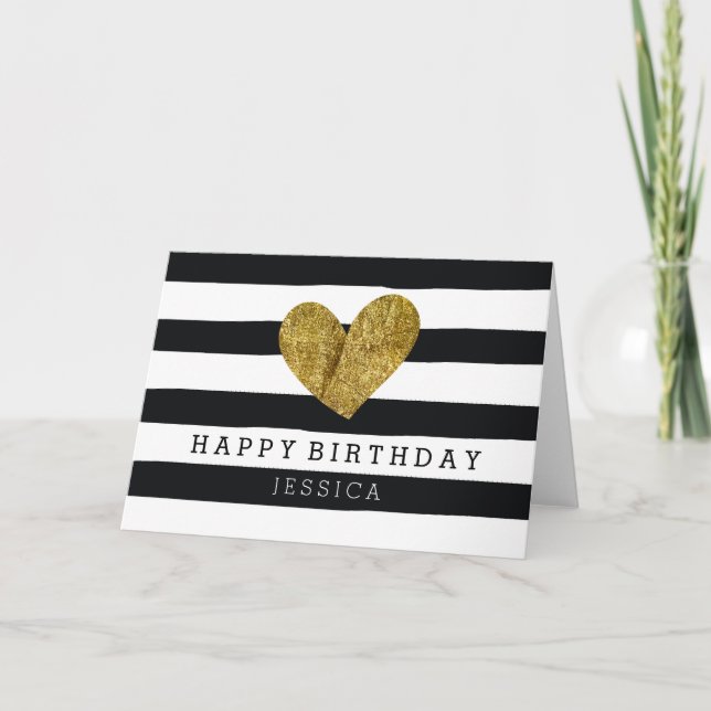 Carte Rayures à l'aquarelle noire Cœur doré Anniversaire (Devant)