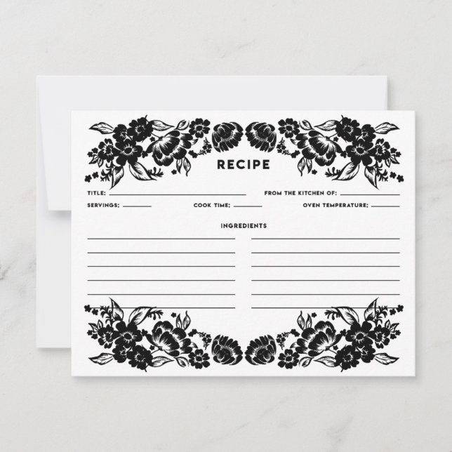 Carte Recette Accent Floral moderne noir et blanc (Devant)