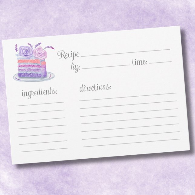 Carte Recette de gâteau de lavande rose Aquarelle (Créateur téléchargé)