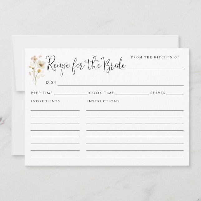 Carte Recette élégante pour la mariée Fleur sauvage Flor (Devant)