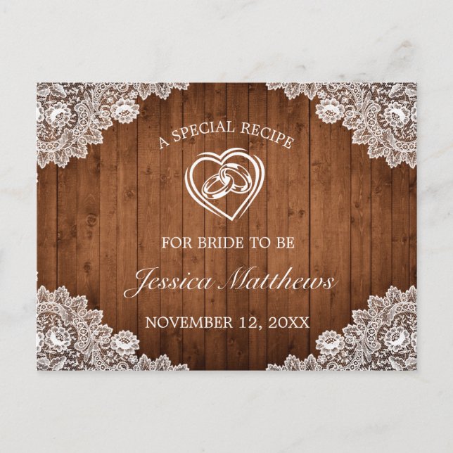Carte Recette Fête des mariées en bois rustique et (Devant)
