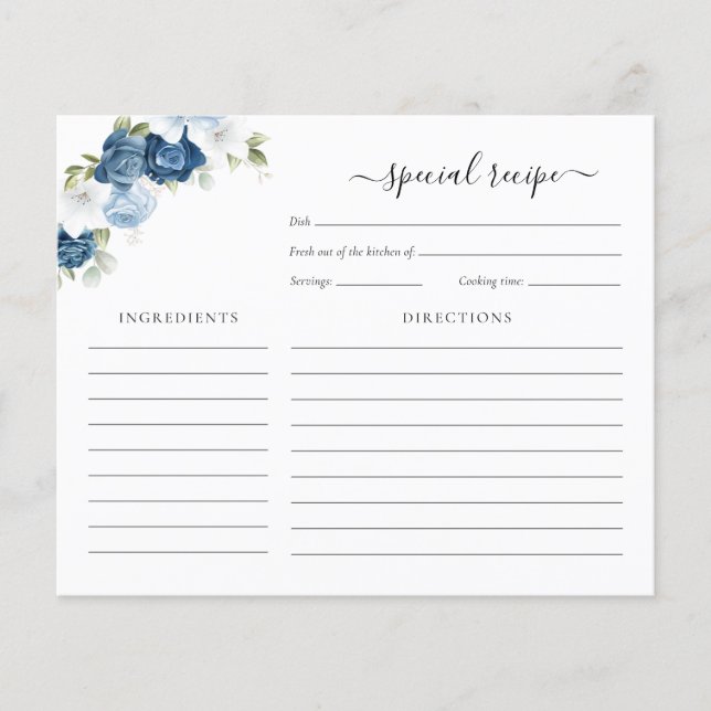 Carte Recette Fête des mariées Florale bleu Dusty  (Devant)