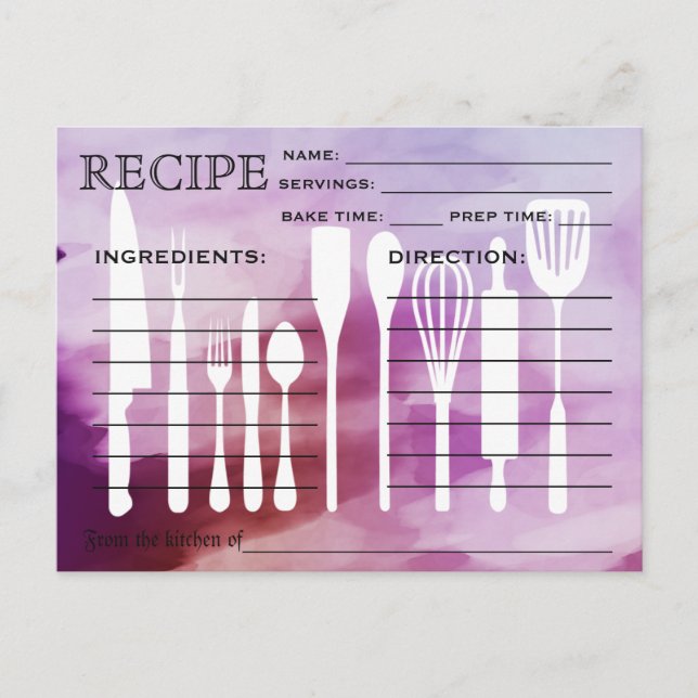 Carte Recette Rétro Aquarelle Outils de cuisine (Devant)