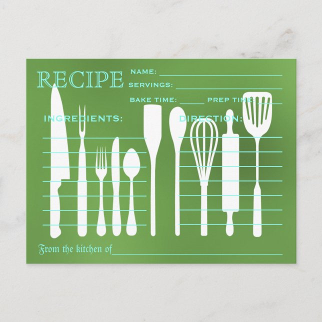 Carte Recette Retro Chalkboard Vert Outils de cuis (Devant)