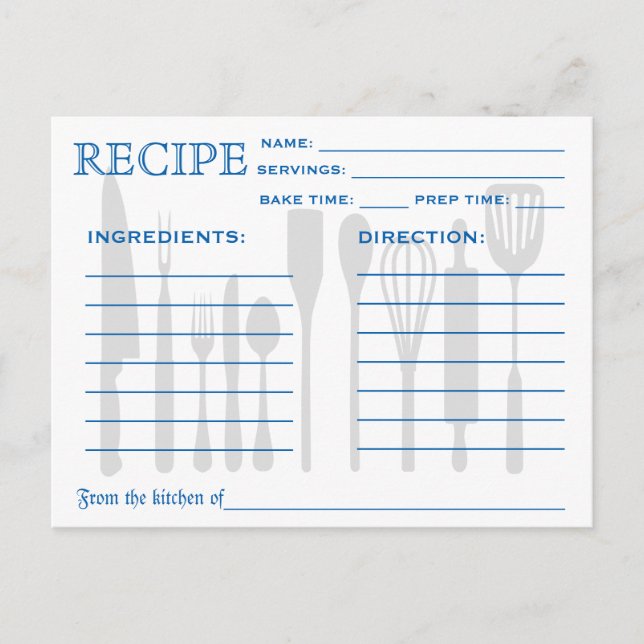 Carte Recette Rétro Outils de cuisine Bleu rayé (Devant)