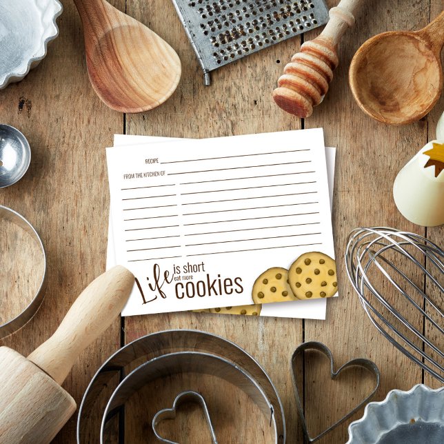 Carte Recettes Cute Baking Chocolate Chip Cookie (Life is Short, eat more cookies. Cute quote recipe cards. )