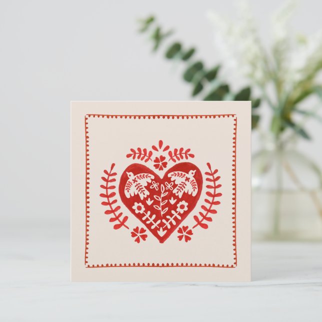 Carte Red and Ivory Folk Art Heart Valentine's Day Card (Debout devant)