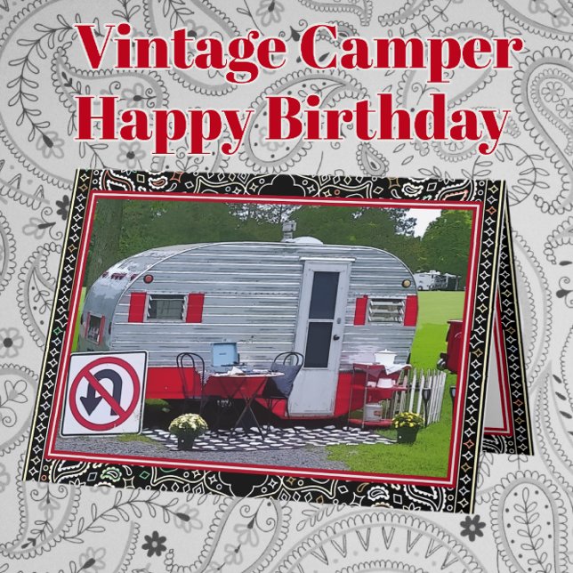 Carte Red Black Vintage Camper Trailer Joyeux Anniversai (Créateur téléchargé)