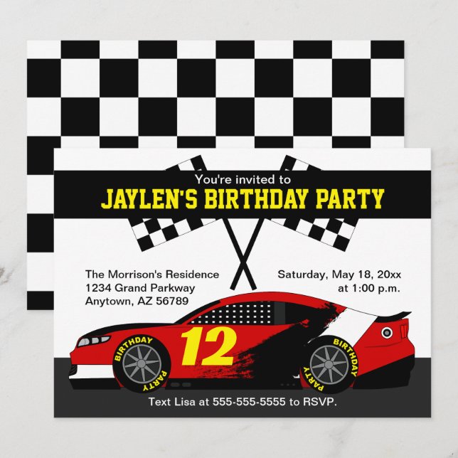 Carte Red Black White Jaune Race Voiture Anniversaire (Devant / Derrière)