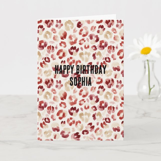 Carte Red Cream Leopard Animal Print Birthday (Petite plante)