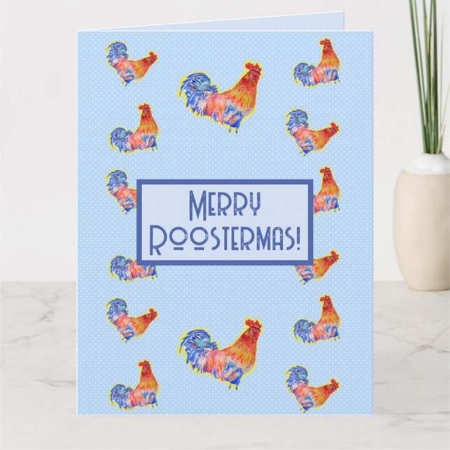 Carte Red Funny Rooster Cockerel Blue Christmas Card (Devant)
