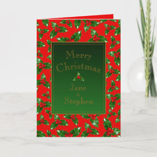Carte Red Gold Green Holly Berry Motif - Personnalisé