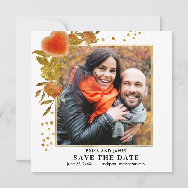 Carte Red Gold Heart Rose Photo Enregistrer la date (Devant)