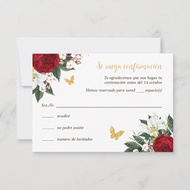 Carte Red Gold Quinceañera RSVP en espagnol (Devant)