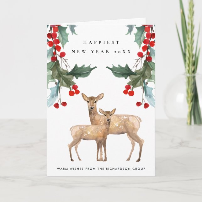 CARTE RED GREEN HOLLY BERRY DEER DUO NOUVEL AN ENTREPRIS (Devant)