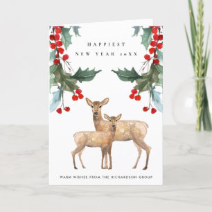 CARTE RED HOLLY BERRY DEER DUO NOUVEL AN LOGO D'ENTREPRI