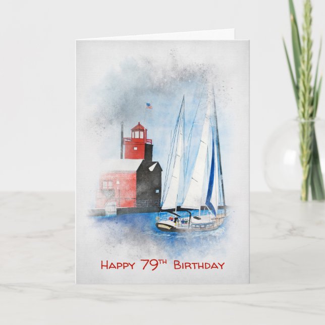 Carte Red Lighthouse and Sailboat 79e anniversaire (Devant)