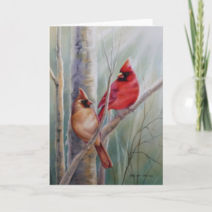 Carte Red Northern Cardinal Bird Pair Aquarelle Art