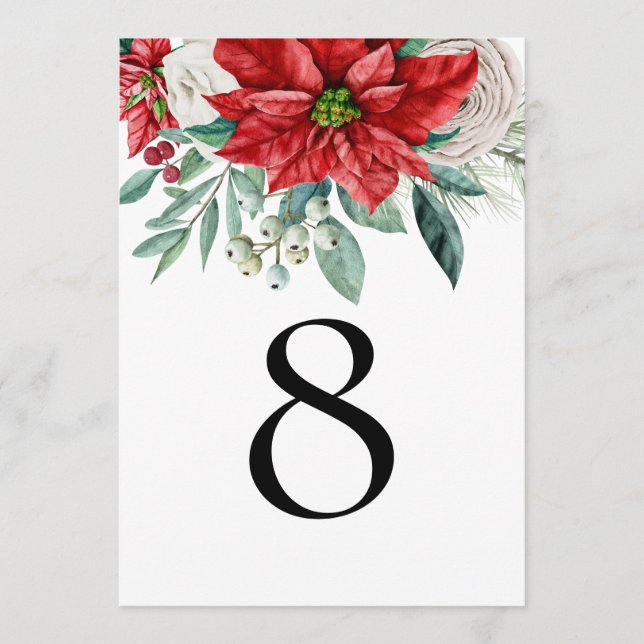 Carte Red Poinsettia Mariage de Noël Numéro de tableau (Devant)