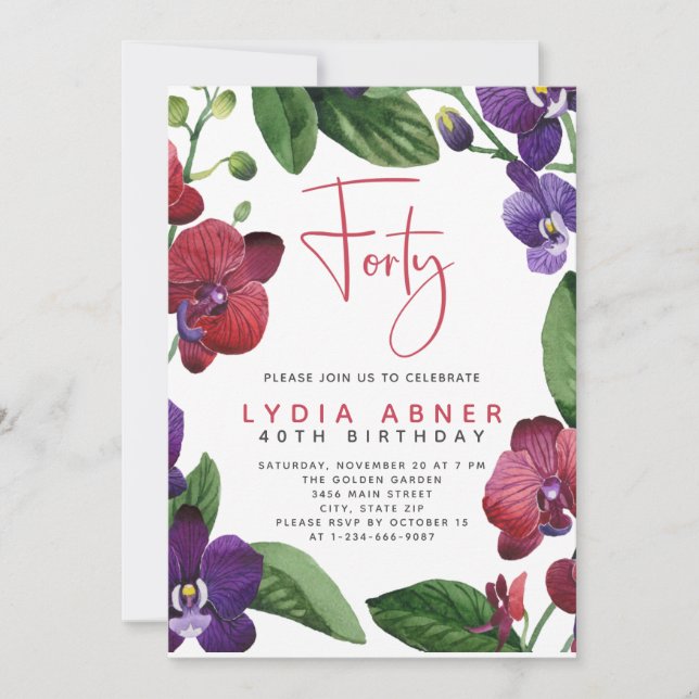 Carte Red Purple Orchids 40e anniversaire de fête Invita (Devant)