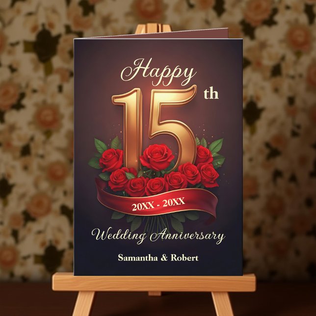 Carte Red Roses et Gold Numéro 15e anniversaire Mariage (Créateur téléchargé)