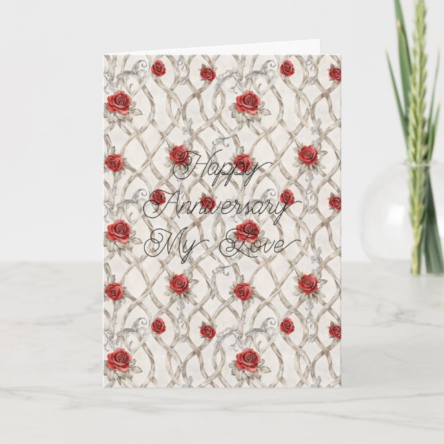 Carte Red Roses Faux Wood Floral Anniversary (Devant)