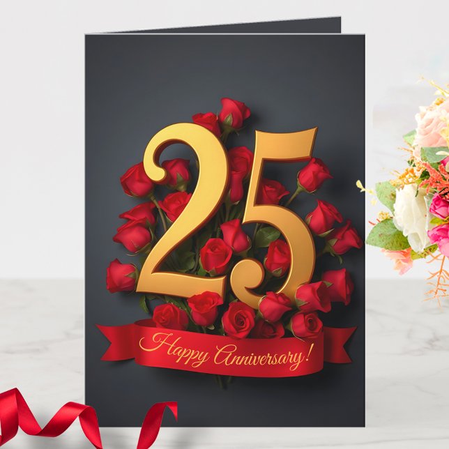 Carte Red Roses Gold Numéro 25e anniversaire Mariage (Créateur téléchargé)