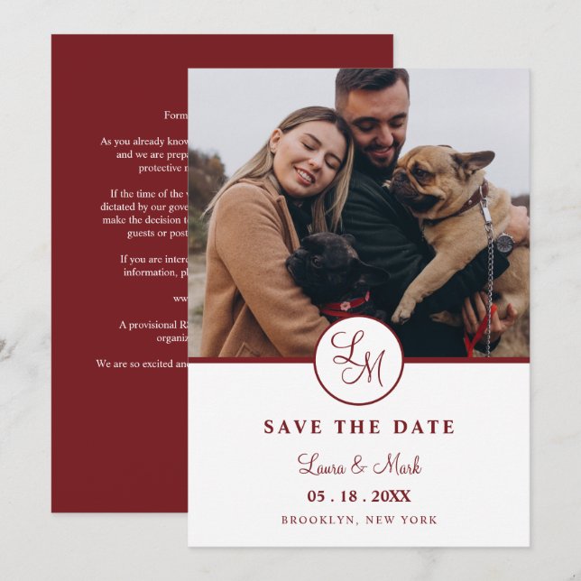 Carte Red Rustic Photo Minimalist Wedding Initials  (Devant / Derrière)