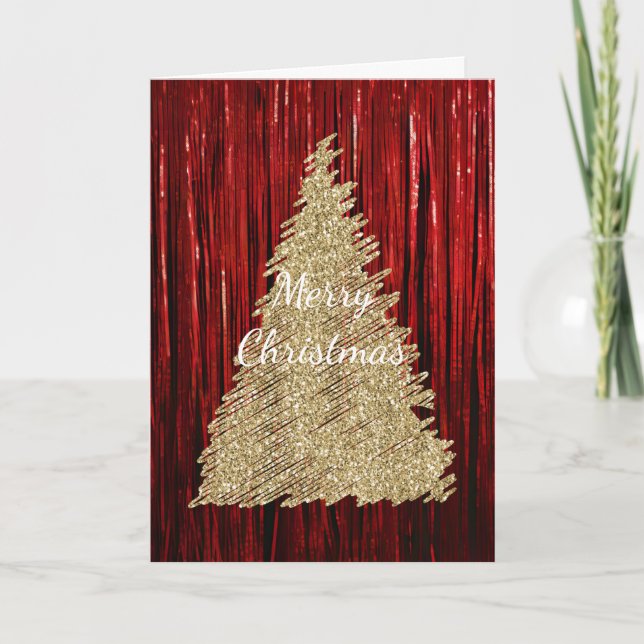 Carte Red Tinsel Gold Parties scintillant Arbre de Noël (Devant)