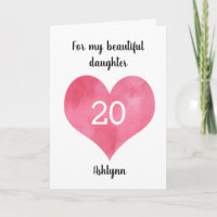 Carte Red Watercolor Heart 20th Birthday Card
