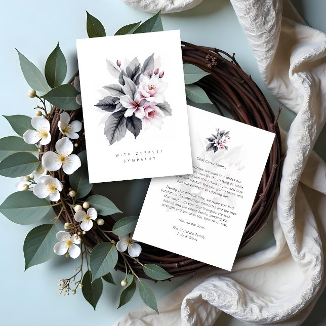 Carte Refined Black White Illustration Leaves & Flowers (Refined Black & White Illustration of Overlapping Leaves and Flowers Sympathy Cards.)