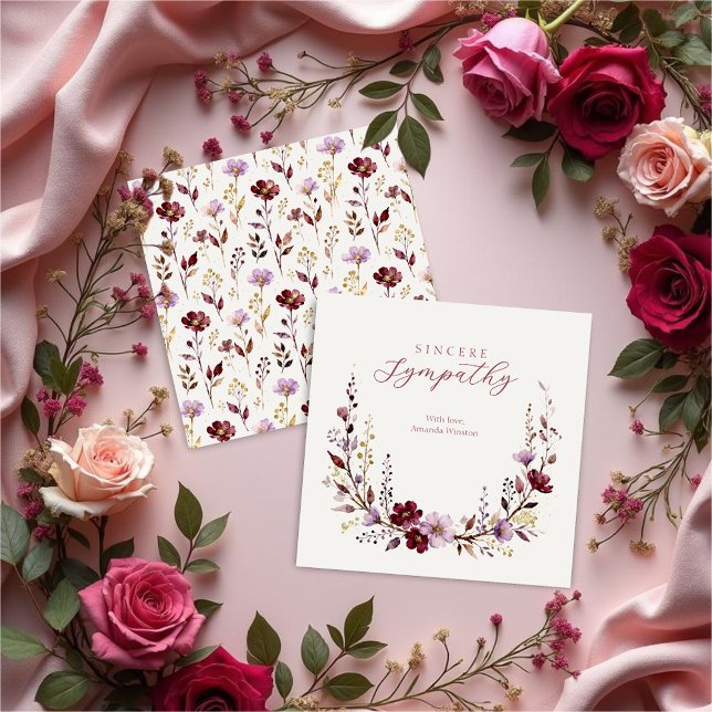 Carte Refined Burgundy Wildflowers & Branches Sympathy (Refined Burgundy Tones Wildflowers & Branches Sympathy Card Design.)