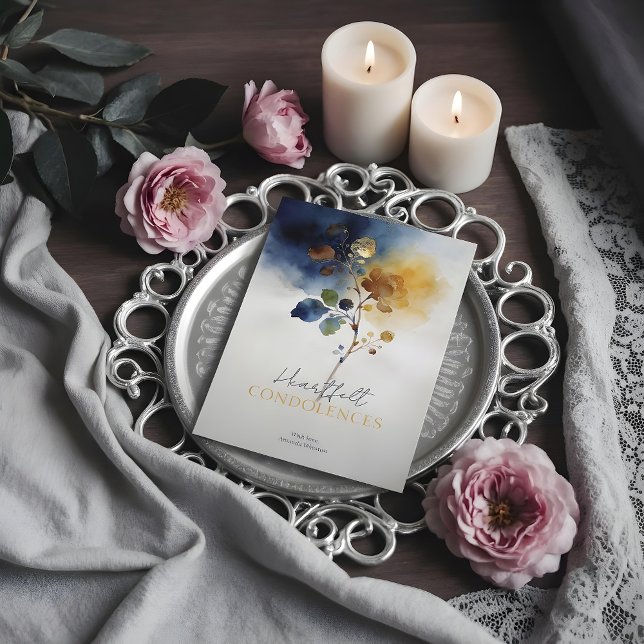 Carte Refined Gold & Navy Blue Botanical Branch Sympathy (Refined Gold Effect & Navy Blue Botanical Branch Sympathy Cards Design. )