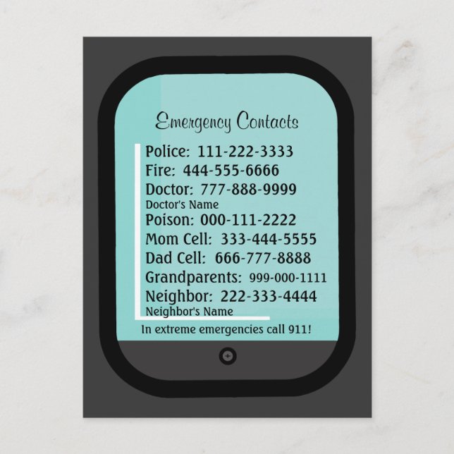Carte Réfrigérateur Contacts d'urgence (Devant)