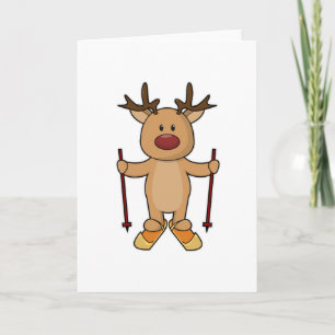 Carte Reindeer en ski avec des pôles de ski et de ski