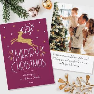 Carte Reinder de Noël Photo personnalisée Plum Gold Flat