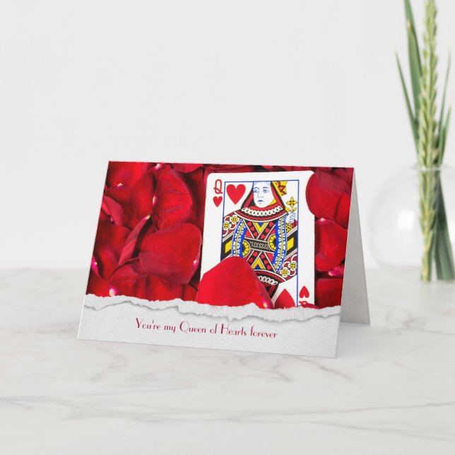 Carte Reine des Coeurs en pétales roses (Devant)