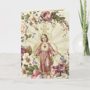 Carte Religieux Sacré Coeur de Jésus Écriture Florale