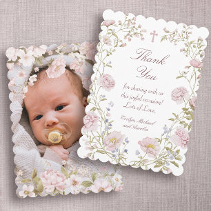 Carte Remerciement de baptême avec cadre floral rose