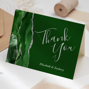Carte Remerciement de mariage argent Agate Vert Chasseur