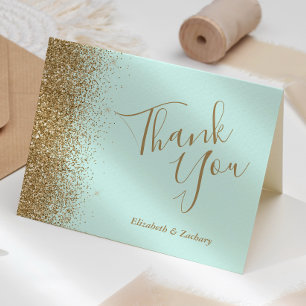 Carte Remerciement de mariage vert menthe Paillettes dor