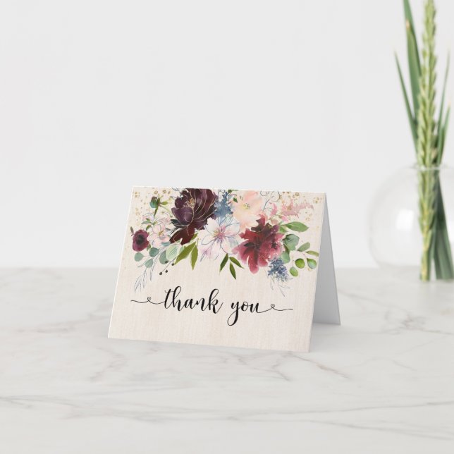 Carte Remerciement floral aquarelle marine et Bourgogne  (Devant)
