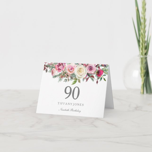Carte Remerciement pour 90e anniversaire avec une rose f (Devant)
