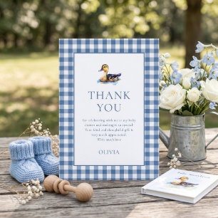 Carte Remerciement pour Baby Shower Canard Bleu Gingham