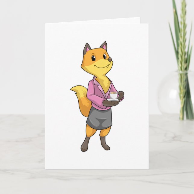 Carte Renard comme secrétaire avec tasse de café (Devant)