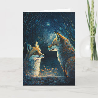 Carte Renard couple, se regardant par la lune.