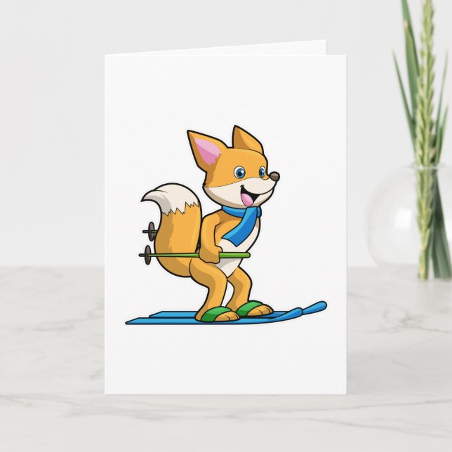 Carte Renard en skieur avec skis et bâtons de ski (Devant)